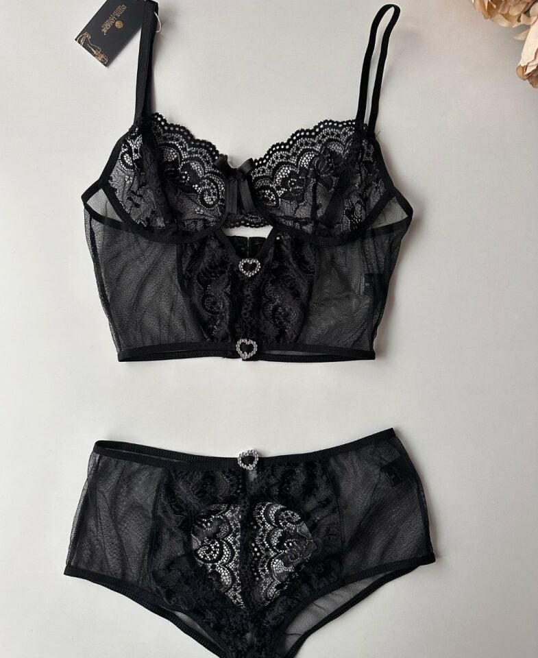 Kadın Siyah Kalp Aksesuar Detaylı Balensiz Transparan Cheeky Külot Takım -8454 Siyah - M