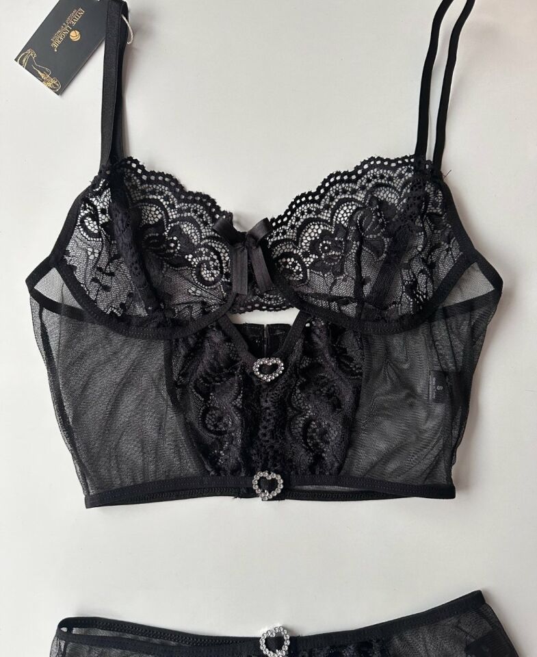 Kadın Siyah Kalp Aksesuar Detaylı Balensiz Transparan Cheeky Külot Takım -8454 Siyah - M