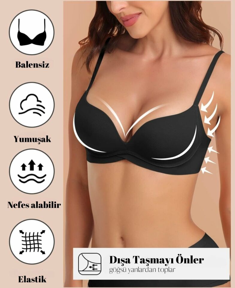 İthal Hafif Destekli Nefes Alabilir Dikişsiz Seamless V Yaka Günlük Sütyen -508 Siyah - 80B