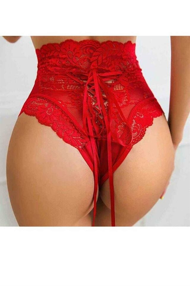 YNT Kırmızı Dantel Yüksek Bel Kurdeleli Fantazi Külot 18004 Kırmızı - L/XL