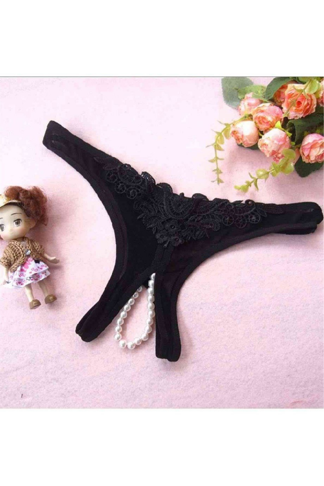 YNT Siyah Dantelli İnci Detaylı Özel Bölgesi Açık Fantazi Tanga 18007 Siyah - 2XL-3XL