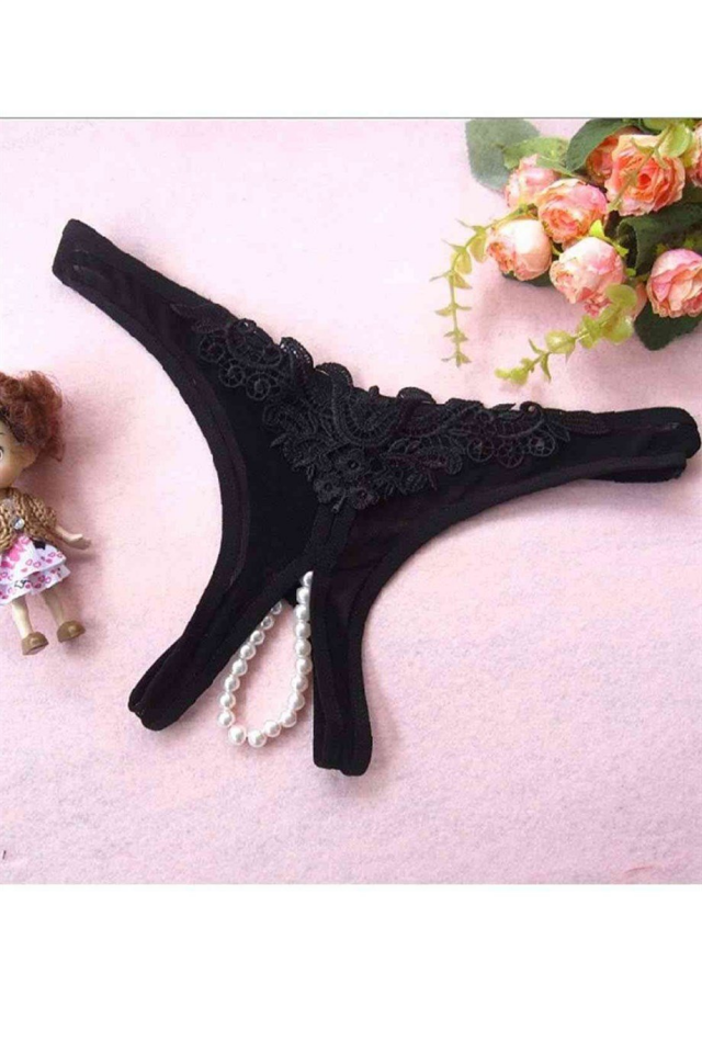 YNT Siyah Dantelli İnci Detaylı Özel Bölgesi Açık Fantazi Tanga 18007 Siyah - 2XL-3XL