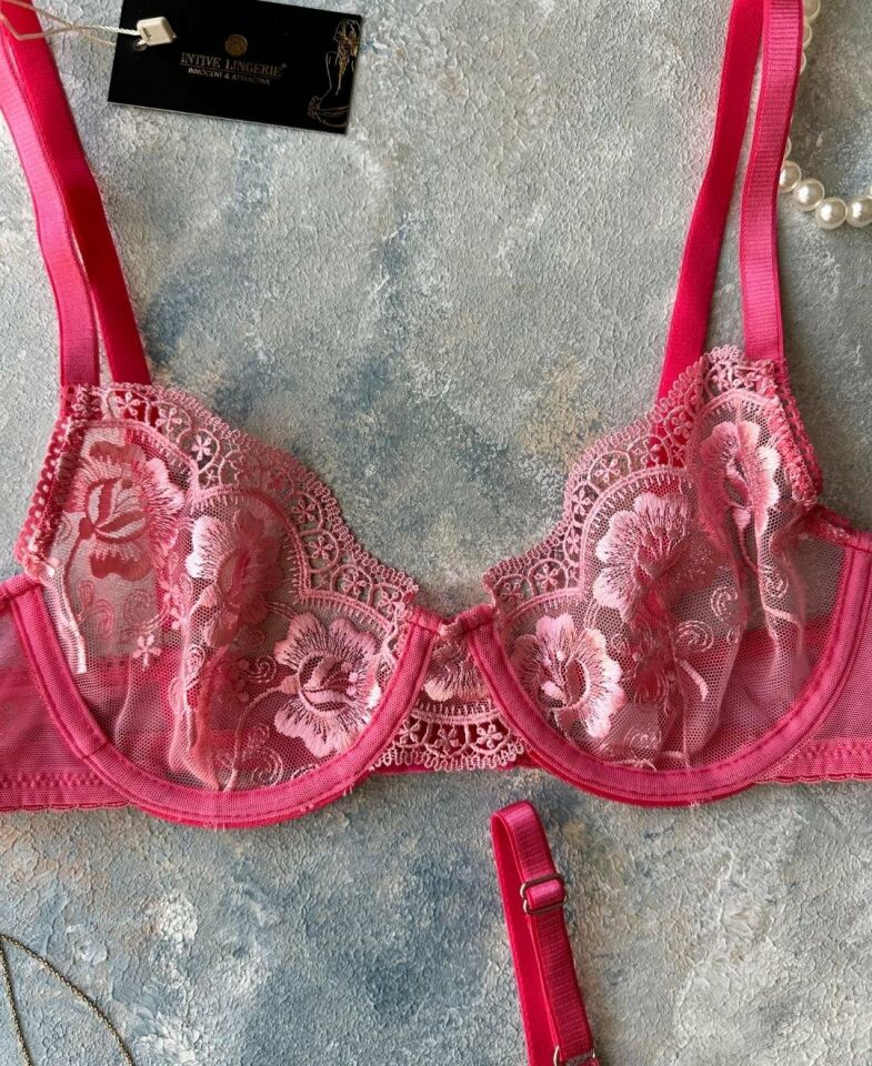 Pinky Flower Balenli Pembe Çiçek Desenli Seksi Sütyen Tanga Takım Pembe - 85