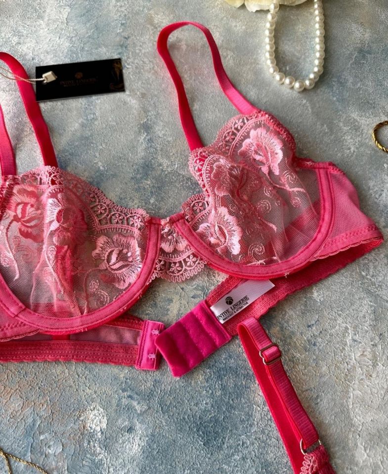 Pinky Flower Balenli Pembe Çiçek Desenli Seksi Sütyen Tanga Takım Pembe - 85