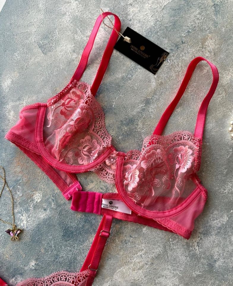 Pinky Flower Balenli Pembe Çiçek Desenli Seksi Sütyen Tanga Takım Pembe - 85