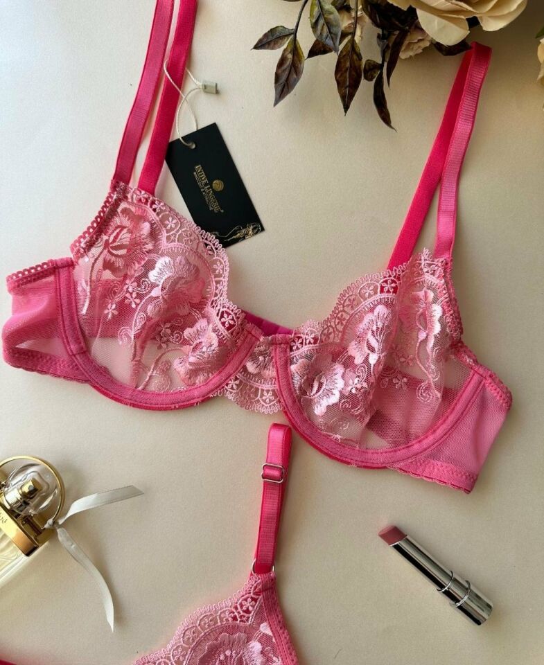 Pinky Flower Balenli Pembe Çiçek Desenli Seksi Sütyen Tanga Takım Pembe - 85