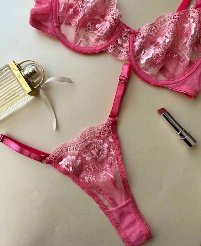 Pinky Flower Balenli Pembe Çiçek Desenli Seksi Sütyen Tanga Takım Pembe - 85