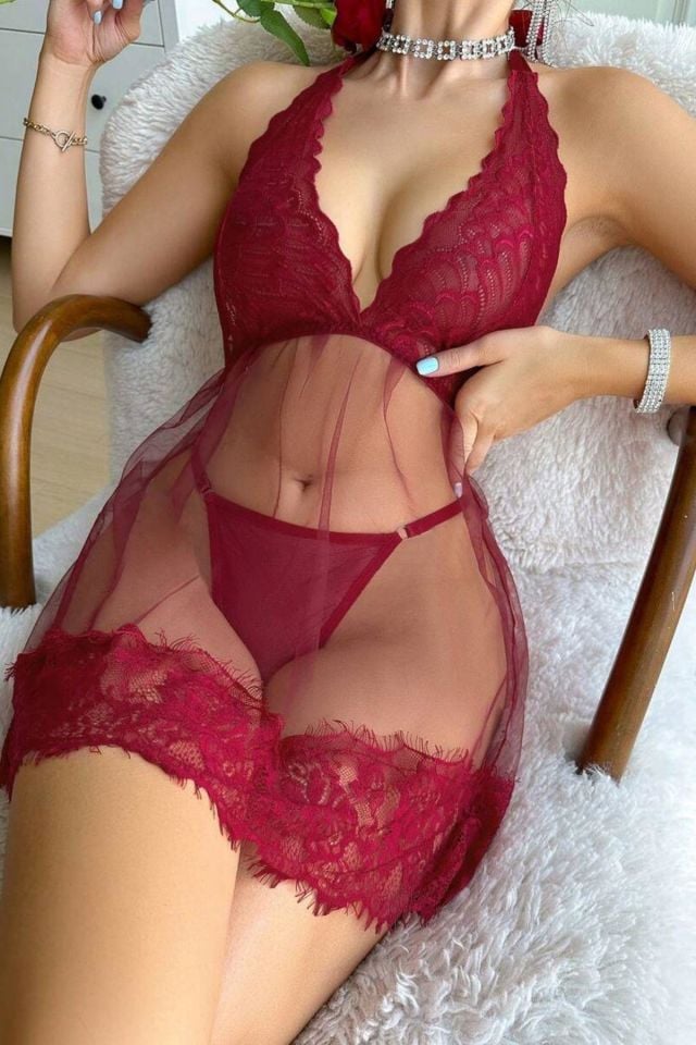 YNT Bordo Boyundan Bağlamalı Gecelik 15618 Bordo - L/XL