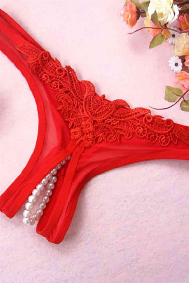 YNT Kırmızı Özel Bölgesi Açık İnci Detaylı Fantazi Tanga 18010 Kırmızı - S/M