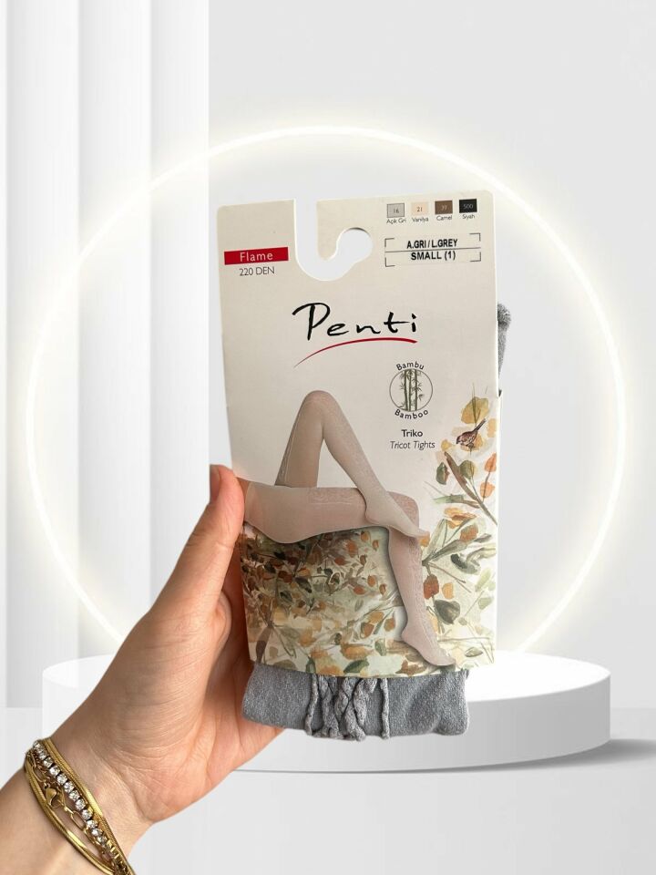 Penti Flame 220 Den Önü Geometrik Desenli Bambu Katkılı Triko Külotlu Çorap Gri - S