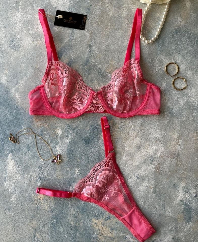 Pinky Flower Balenli Pembe Çiçek Desenli Seksi Sütyen Tanga Takım Pembe - 75