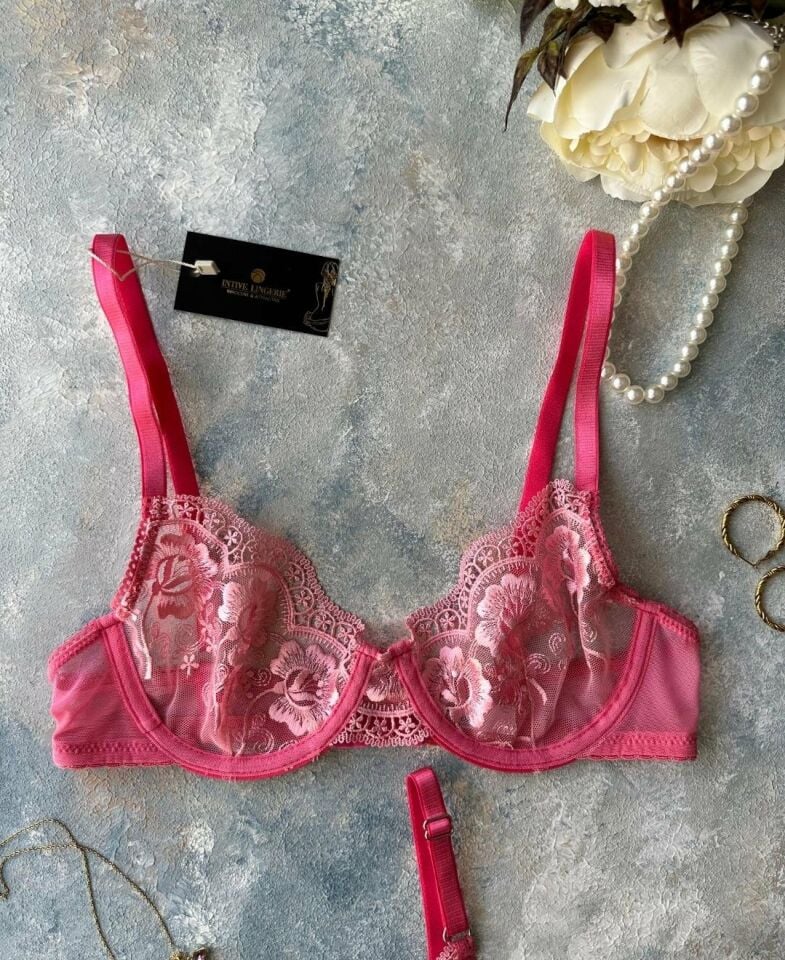 Pinky Flower Balenli Pembe Çiçek Desenli Seksi Sütyen Tanga Takım Pembe - 75