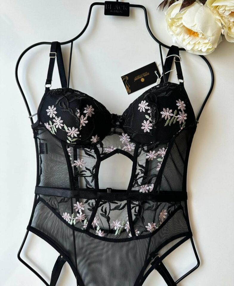 Alora Çiçek Desenli Transparan Tasarım Jartiyerli Padlli Bodysuit Siyah - S