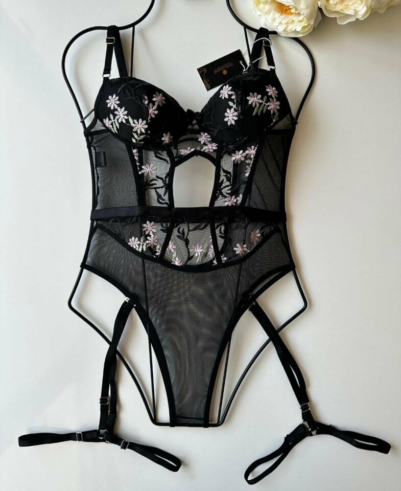 Alora Çiçek Desenli Transparan Tasarım Jartiyerli Padlli Bodysuit Siyah - L