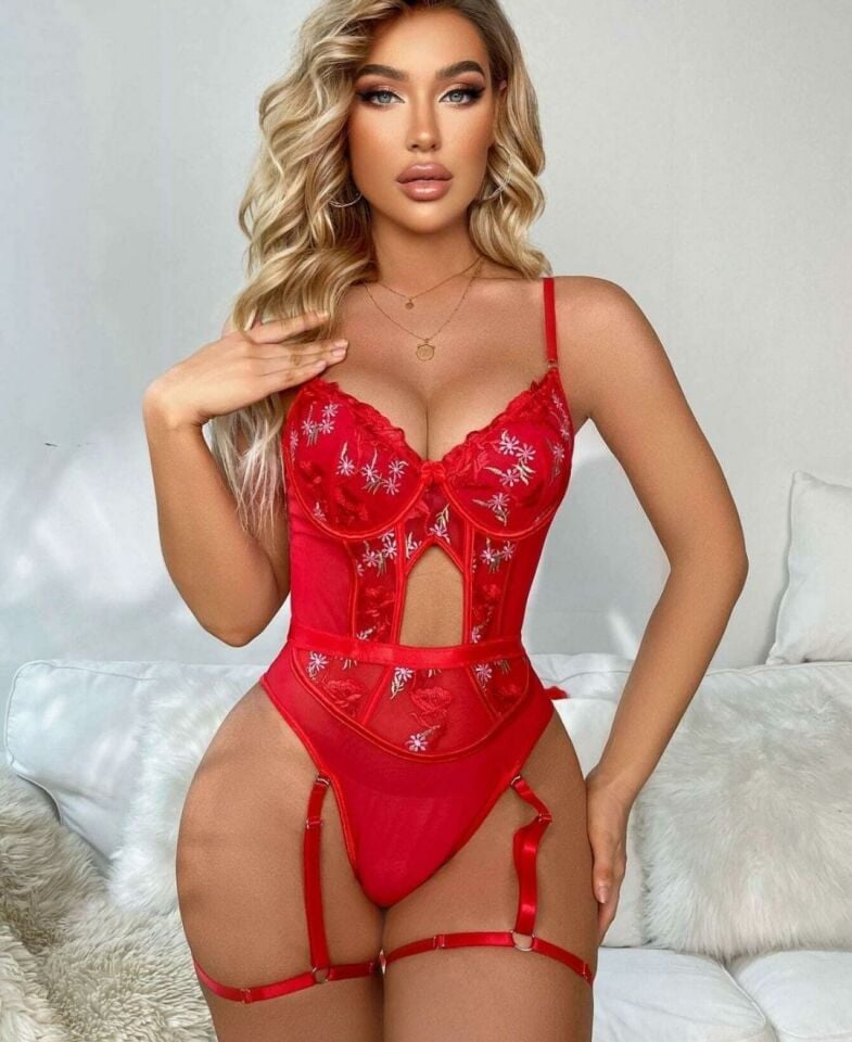 Alora Çiçek Desenli Transparan Tasarım Jartiyerli Padlli Bodysuit Kırmızı - L