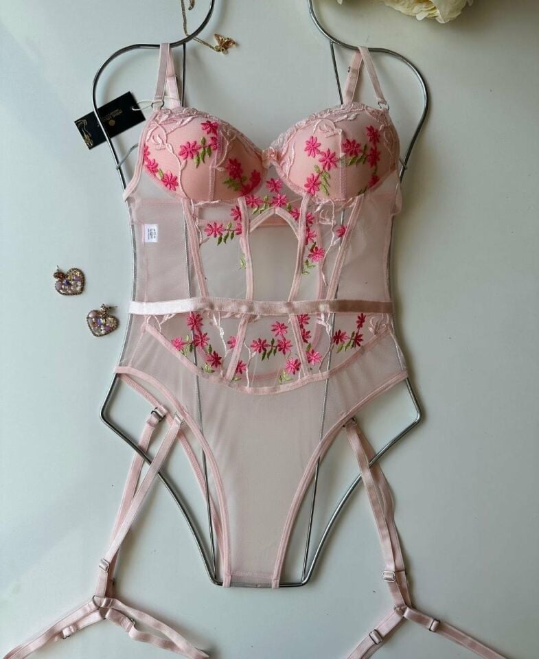 Alora Çiçek Desenli Transparan Tasarım Jartiyerli Padlli Bodysuit Pembe - S
