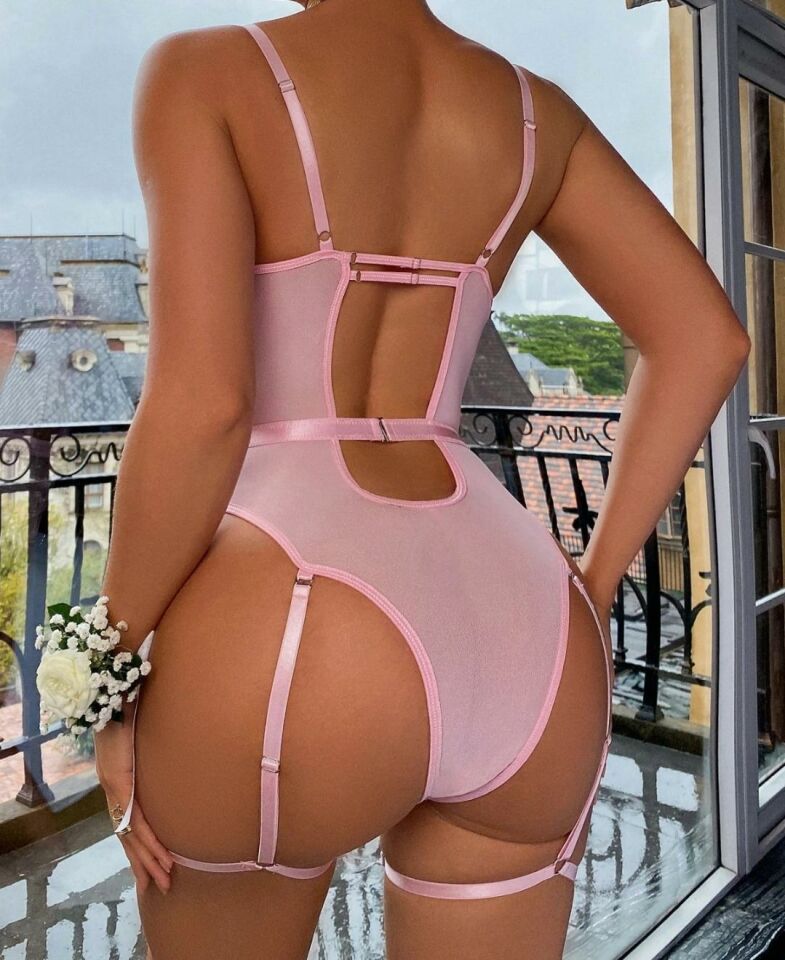 Alora Çiçek Desenli Transparan Tasarım Jartiyerli Padlli Bodysuit Pembe - S
