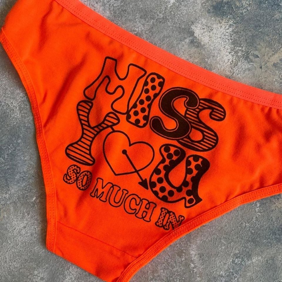 Kadın %95 Pamuklu Günlük Kullanım Seksi Yazılı Slip Neon Turuncu/Miss You - S/M