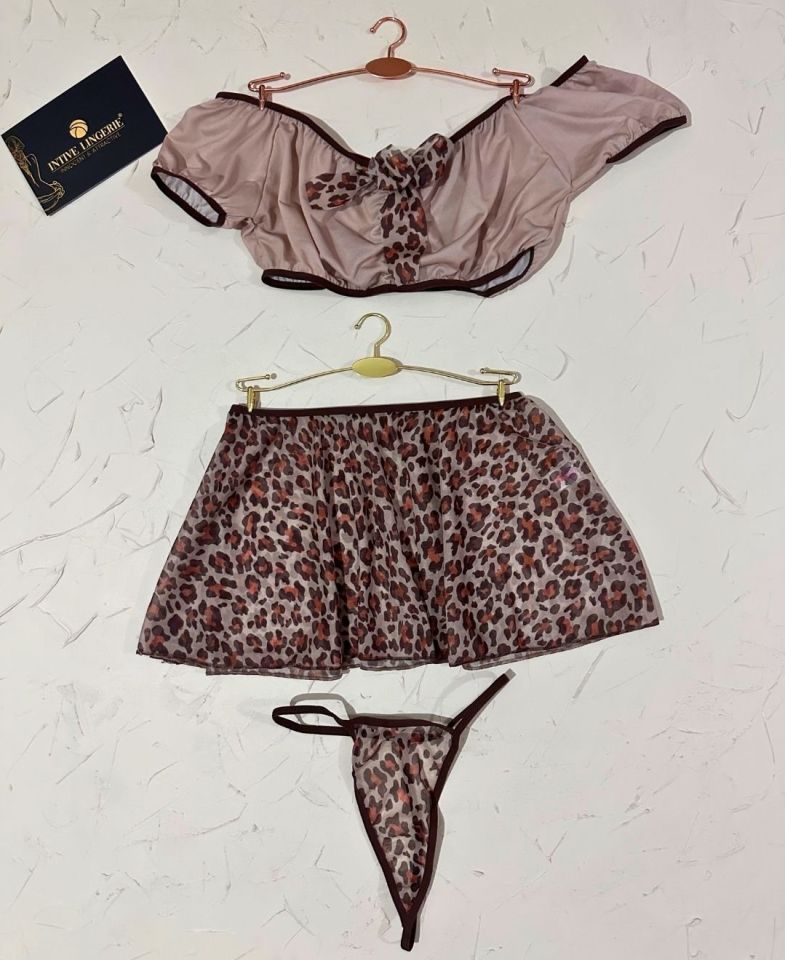 Lily Bianca Bej/Kahve Leopar Desen Mini Etekli Büstiyer String Fantezi Takım -163 Bej - L/XL