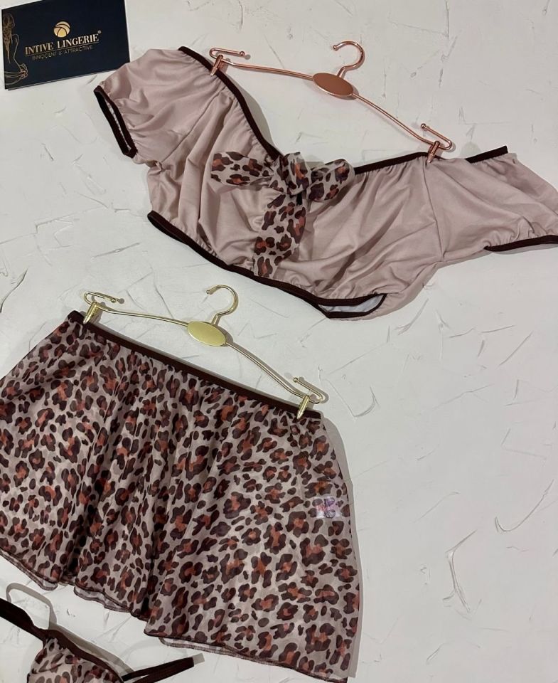 Lily Bianca Bej/Kahve Leopar Desen Mini Etekli Büstiyer String Fantezi Takım -163 Bej - L/XL