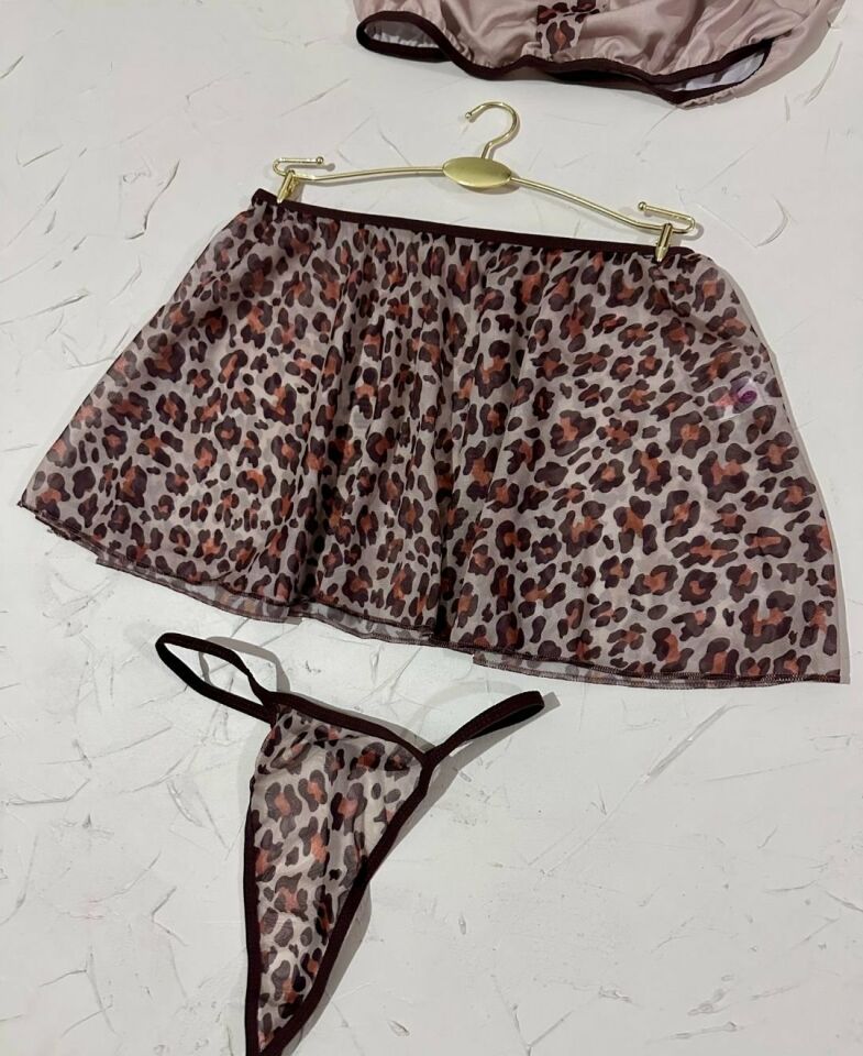 Lily Bianca Bej/Kahve Leopar Desen Mini Etekli Büstiyer String Fantezi Takım -163 Bej - L/XL