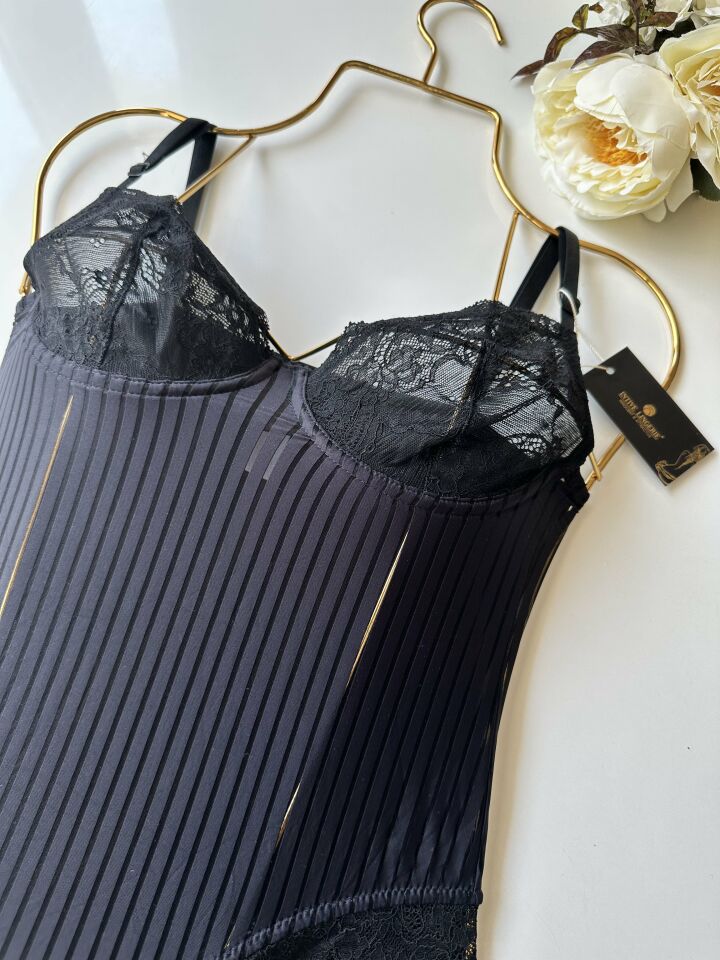 Amelie Balenli Dantelli Çıtçıtlı Üstün Kalite Bodysuit Siyah - S