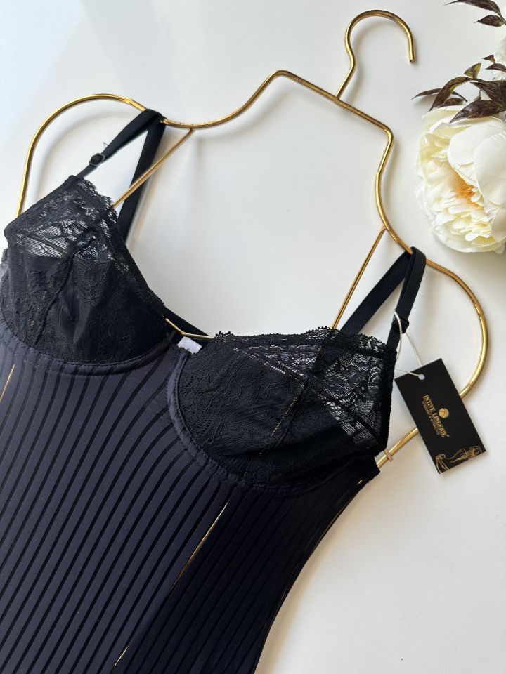Amelie Balenli Dantelli Çıtçıtlı Üstün Kalite Bodysuit Siyah - S