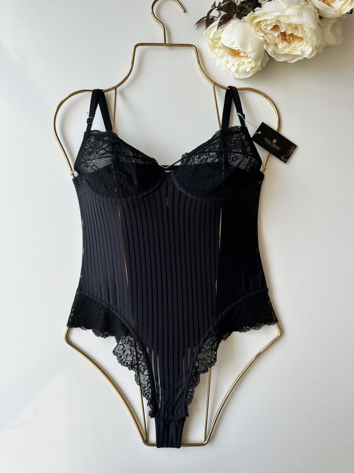 Amelie Balenli Dantelli Çıtçıtlı Üstün Kalite Bodysuit Siyah - S