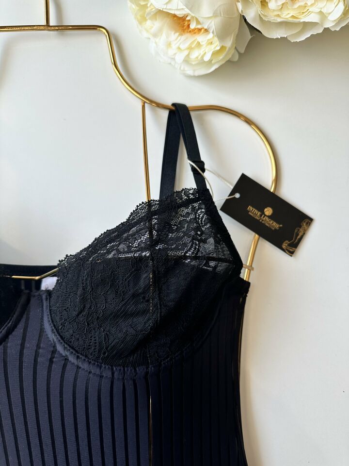 Amelie Balenli Dantelli Çıtçıtlı Üstün Kalite Bodysuit Siyah - M