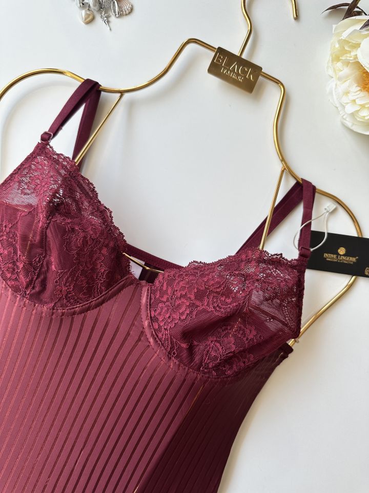 Amelie Balenli Dantelli Çıtçıtlı Üstün Kalite Bodysuit Bordo - S