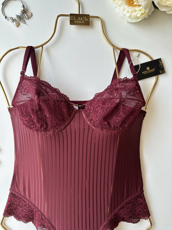 Amelie Balenli Dantelli Çıtçıtlı Üstün Kalite Bodysuit Bordo - S