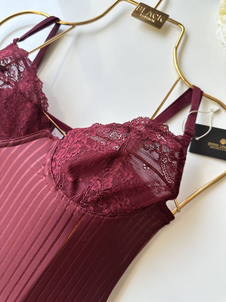Amelie Balenli Dantelli Çıtçıtlı Üstün Kalite Bodysuit Bordo - S