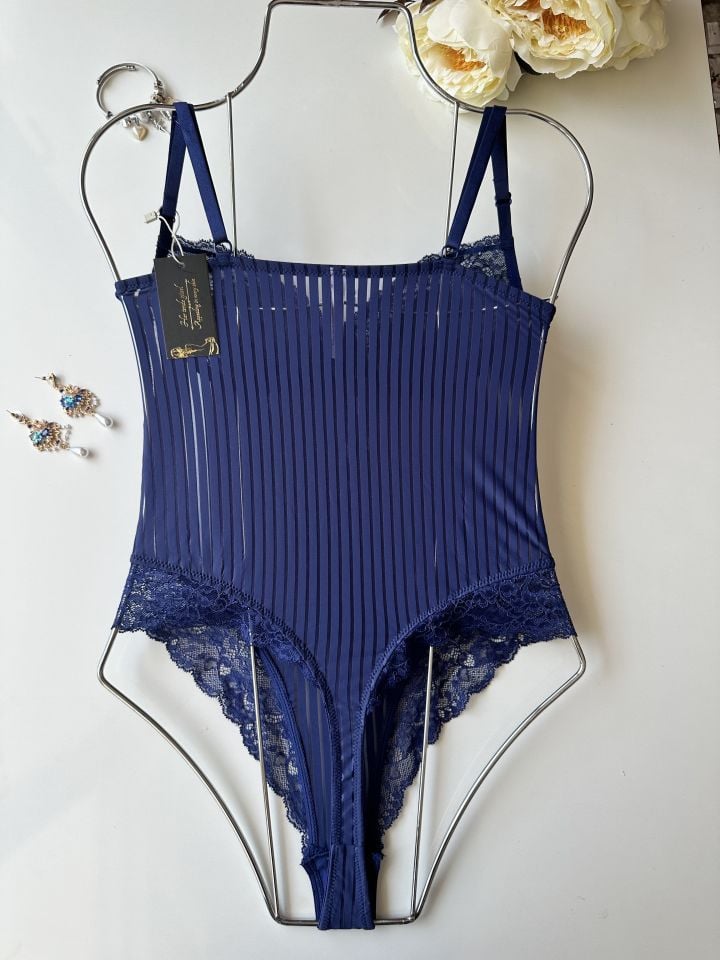 Amelie Balenli Dantelli Çıtçıtlı Üstün Kalite Bodysuit Mavi - S