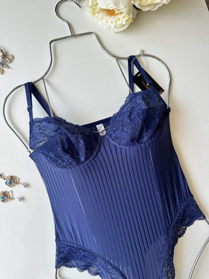 Amelie Balenli Dantelli Çıtçıtlı Üstün Kalite Bodysuit Mavi - M