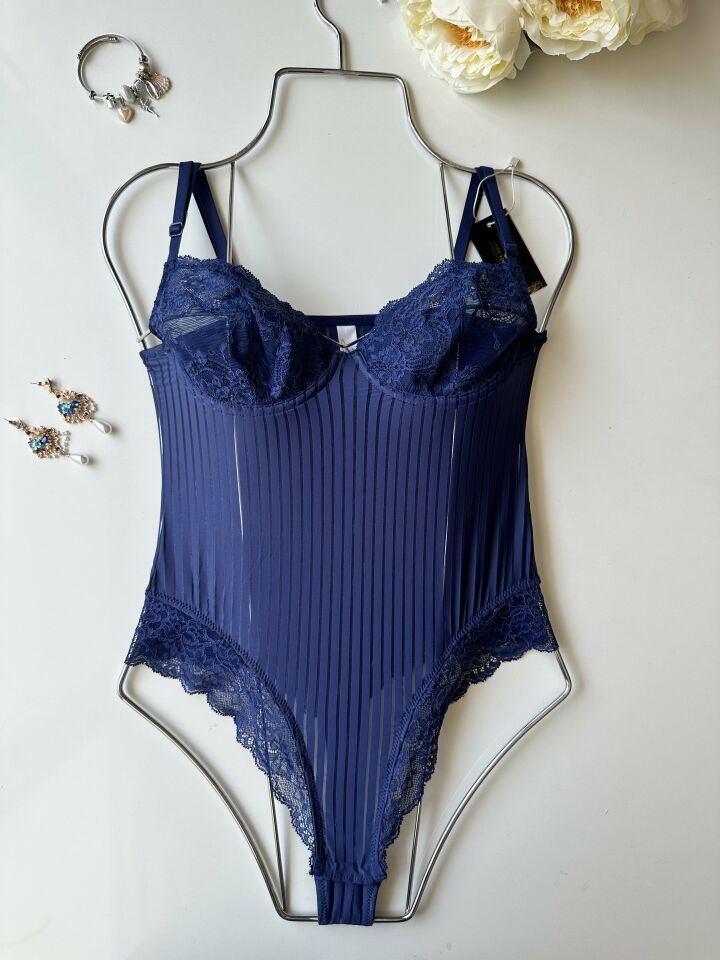 Amelie Balenli Dantelli Çıtçıtlı Üstün Kalite Bodysuit Mavi - M