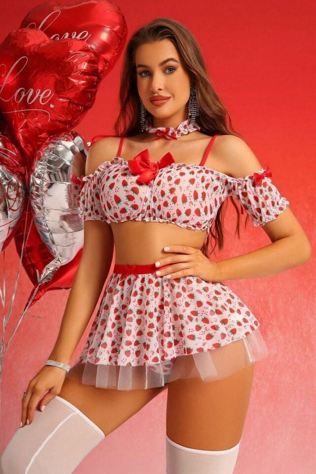 YNT Kırmızı Çilek Prensesi Gecelik Set 18525 Kırmızı - 2XL-3XL