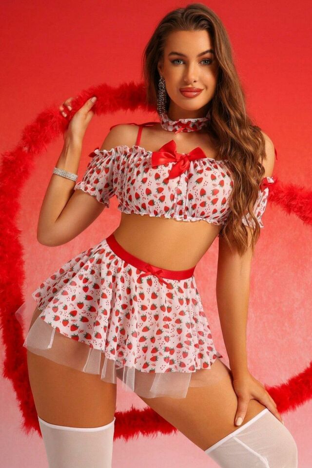 YNT Kırmızı Çilek Prensesi Gecelik Set 18525 Kırmızı - 2XL-3XL