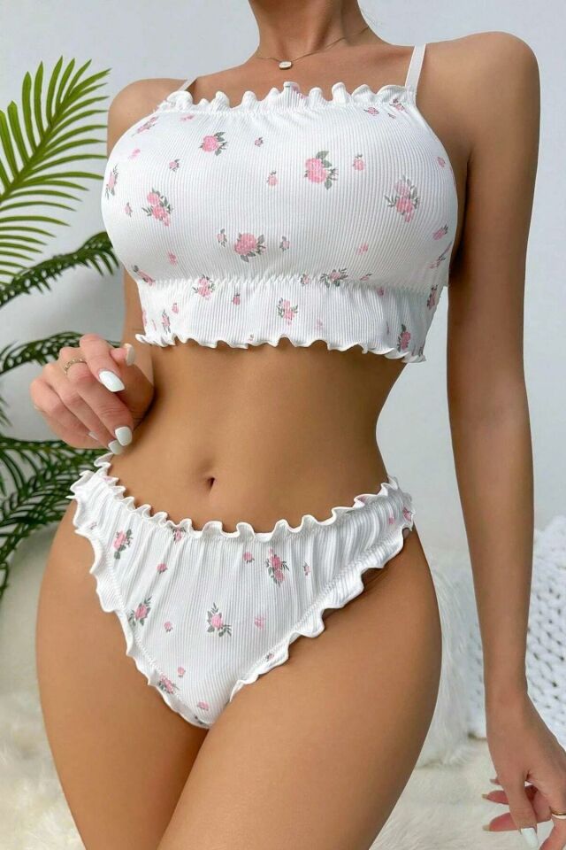 YNT Beyaz Çiçek Desenli Marum Trim Alt Üst Takım 16088 Beyaz - L