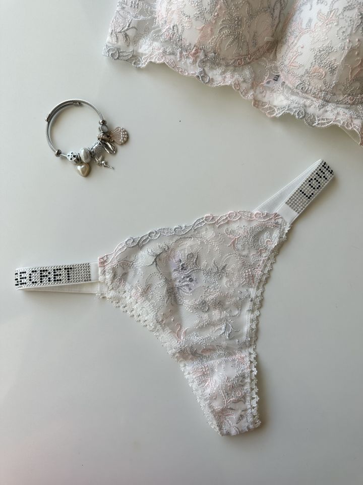 Desenli Push-up Askıları Taşlı Sütyen Takım Pembe - 75B