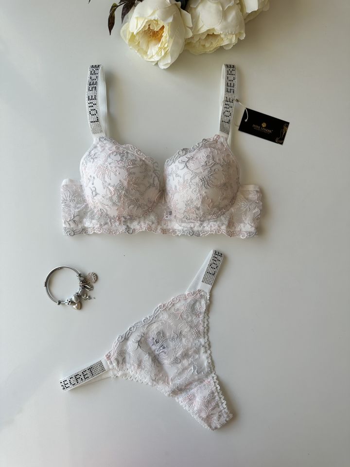 Desenli Push-up Askıları Taşlı Sütyen Takım Pembe - 80B