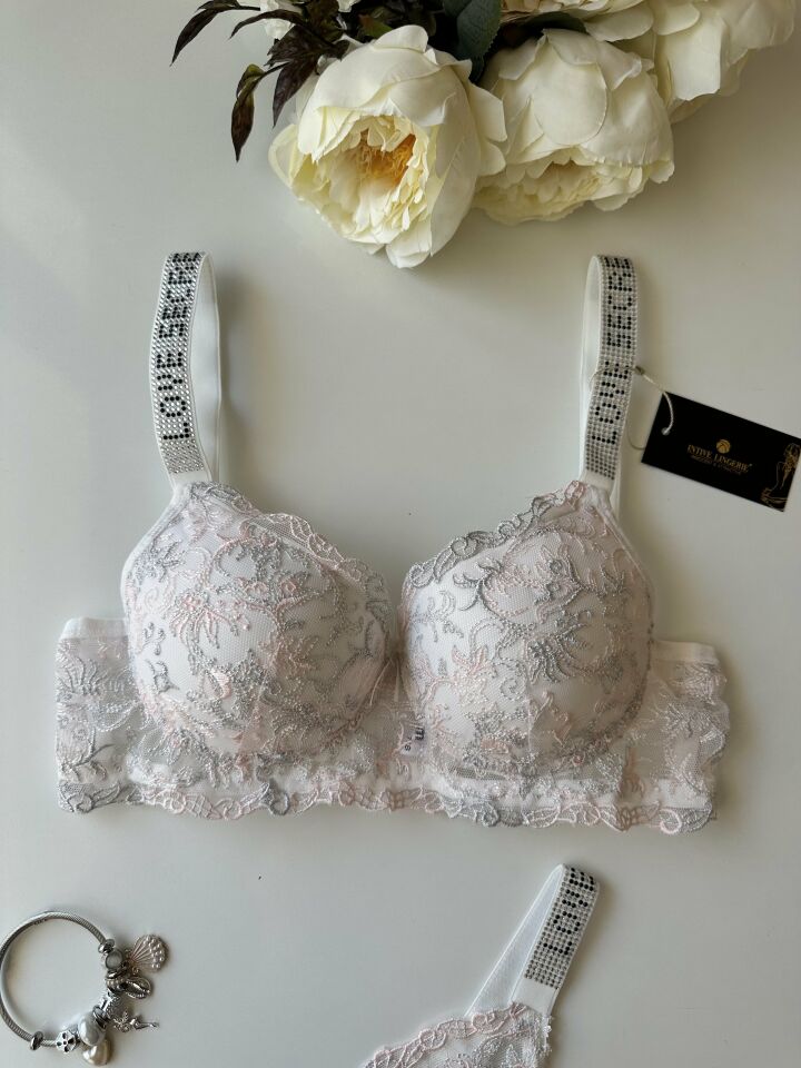 Desenli Push-up Askıları Taşlı Sütyen Takım Pembe - 80B