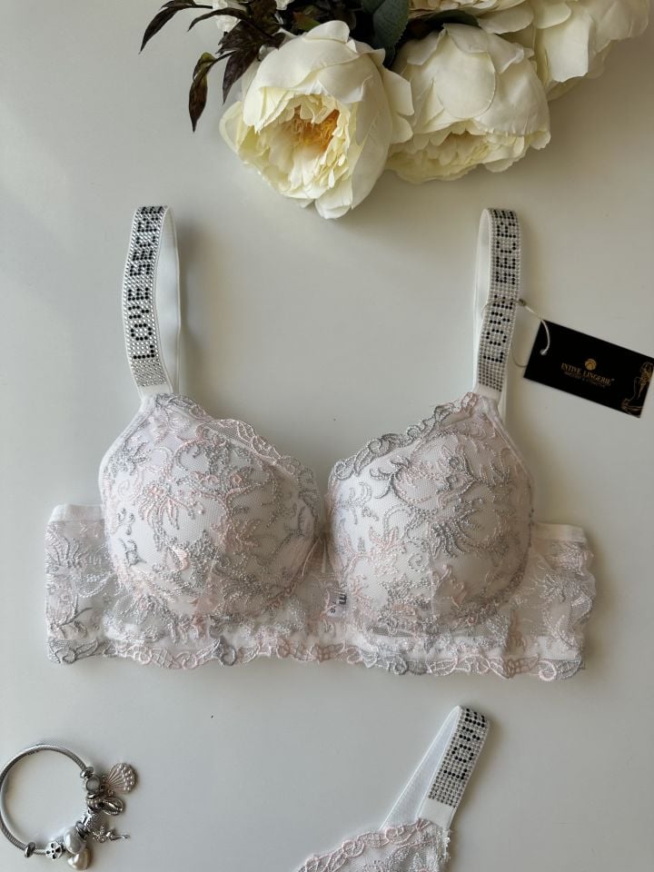 Desenli Push-up Askıları Taşlı Sütyen Takım Pembe - 85B