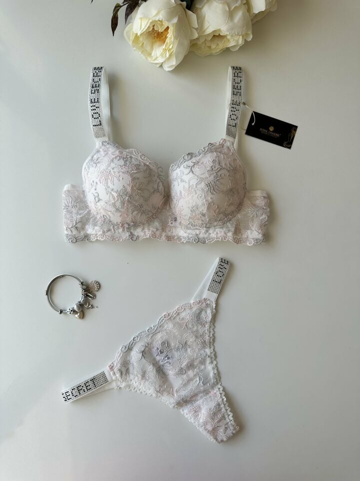 Desenli Push-up Askıları Taşlı Sütyen Takım Pembe - 90B