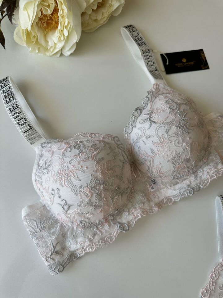 Desenli Push-up Askıları Taşlı Sütyen Takım Pembe - 90B