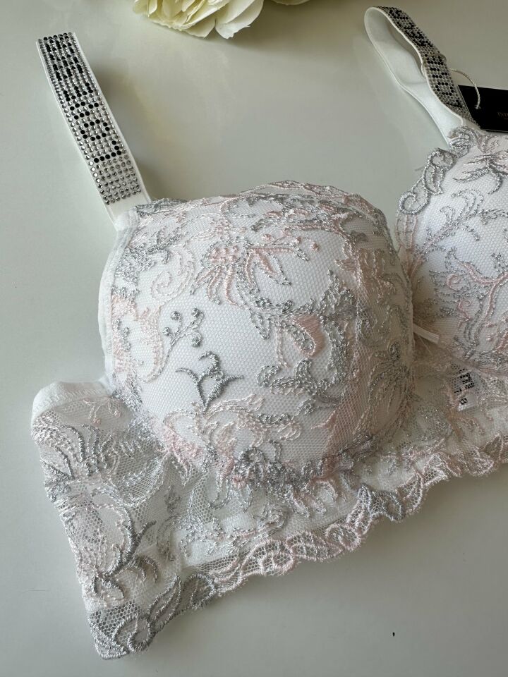 Desenli Push-up Askıları Taşlı Sütyen Takım Pembe - 90B