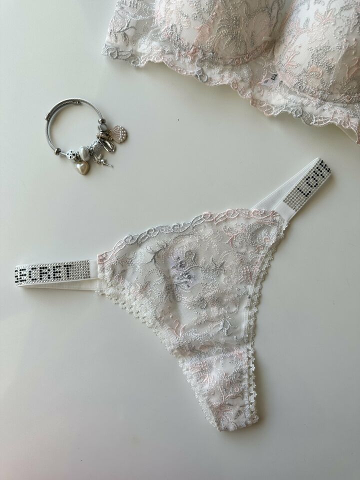 Desenli Push-up Askıları Taşlı Sütyen Takım Pembe - 90B