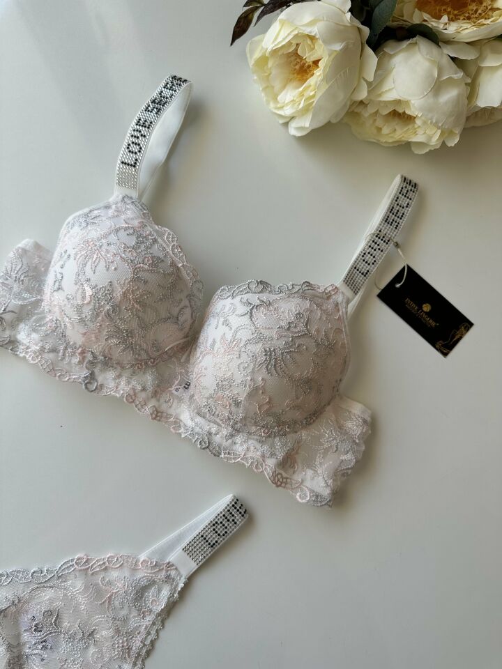 Desenli Push-up Askıları Taşlı Sütyen Takım Pembe - 90B