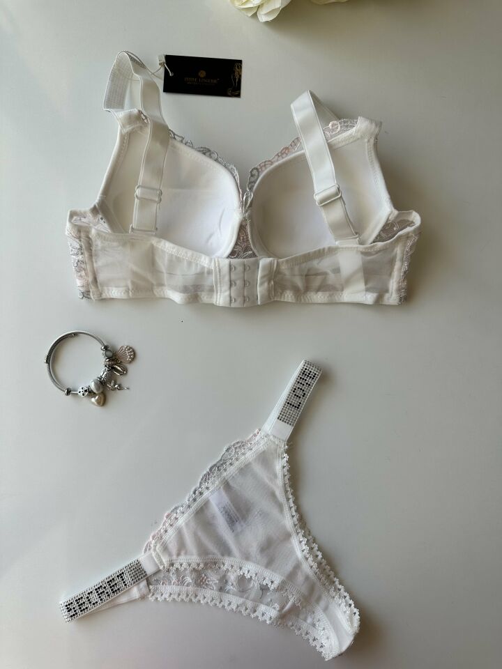 Desenli Push-up Askıları Taşlı Sütyen Takım Pembe - 90B