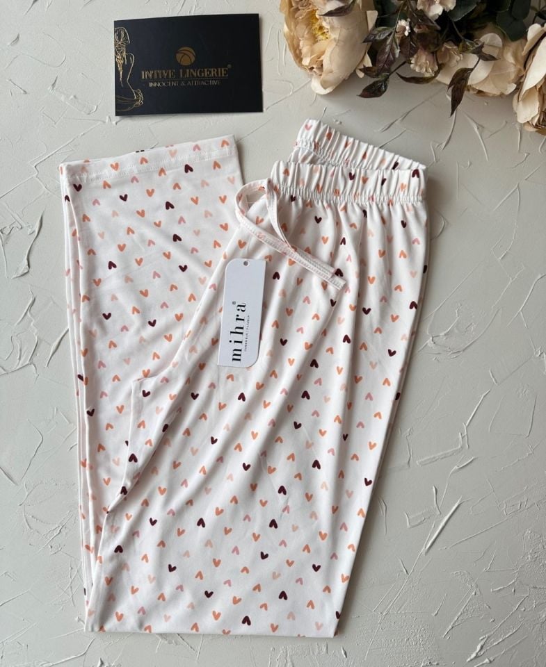 Intive Pembe/Somon Küçük Kalp Desenli Açık Bej Beli Lastikli Milan Pijama Altı Bej - XL