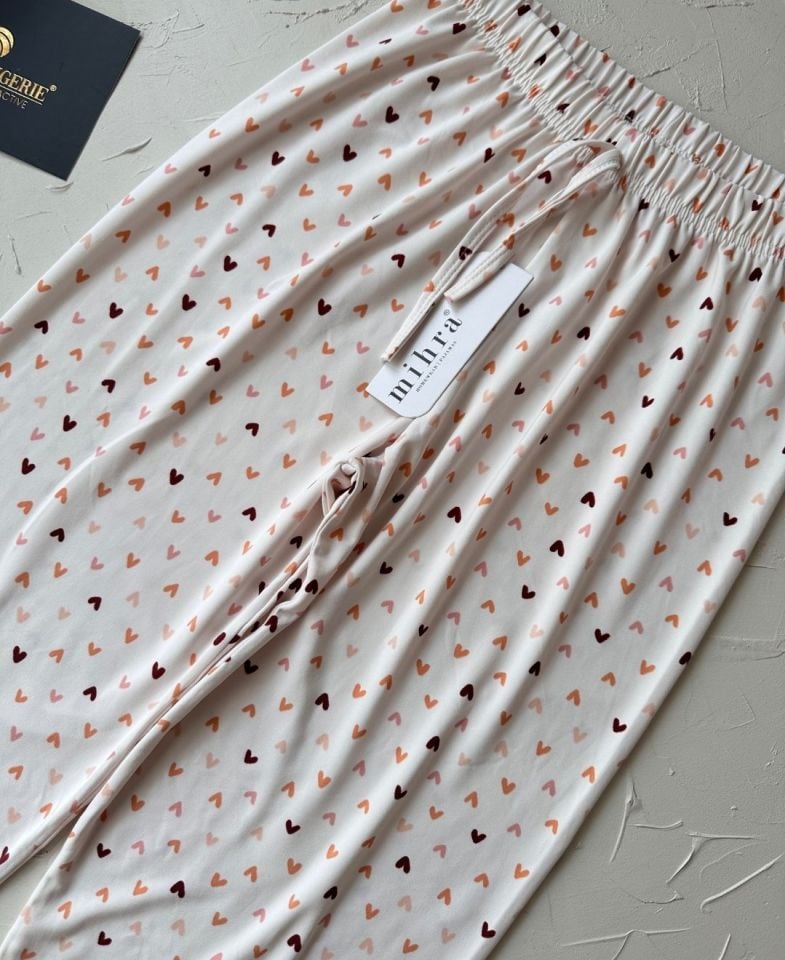 Intive Pembe/Somon Küçük Kalp Desenli Açık Bej Beli Lastikli Milan Pijama Altı Bej - XL